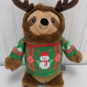 Fringe Plush Dog Toy Brown Sloth Squeaker Antlers Christmas Sweater 10" Puppy